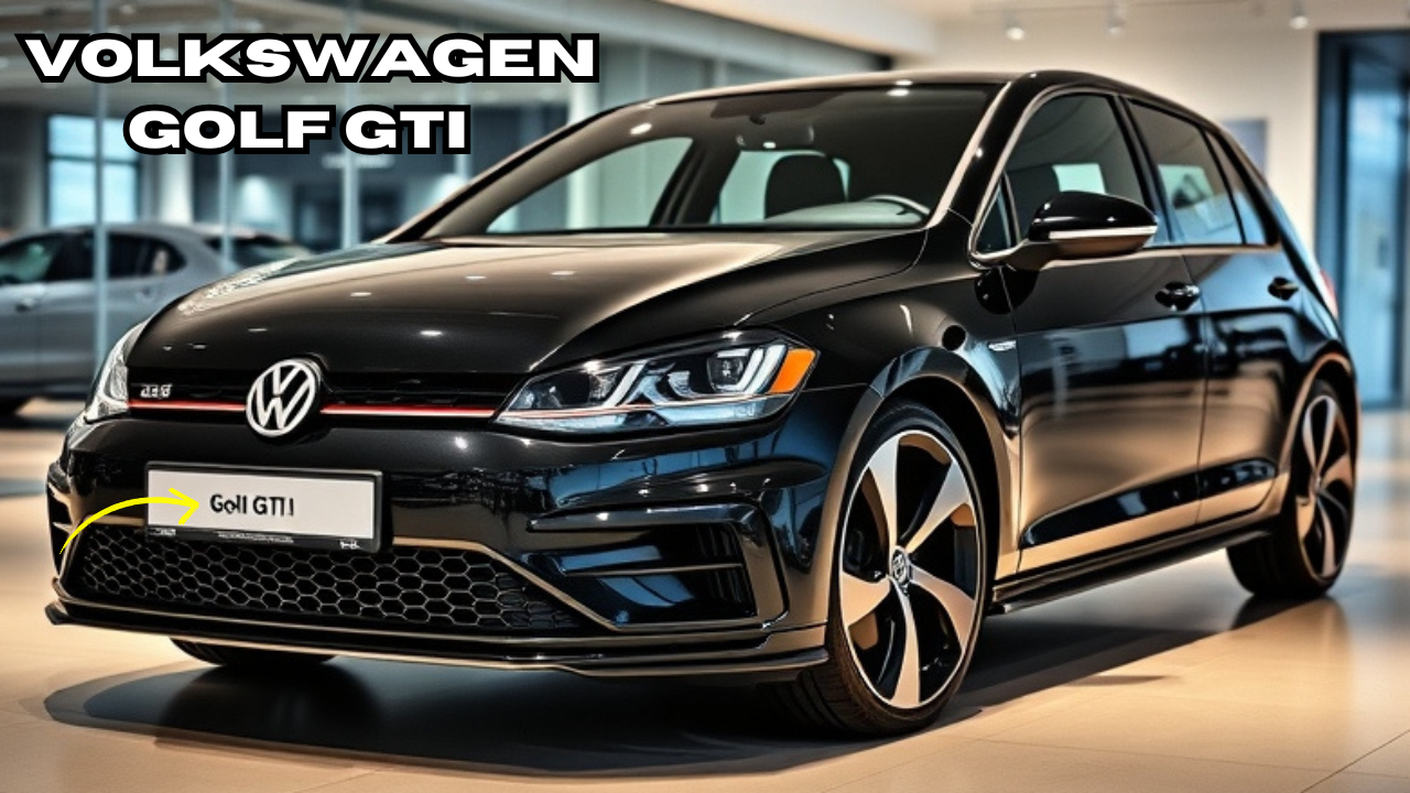 Volkswagen Golf GTI a black car parked in a showroom